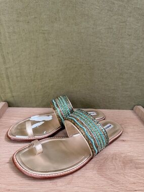 Manolo Blahnik Gold Slide Sandals with Turquoise Beaded Straps